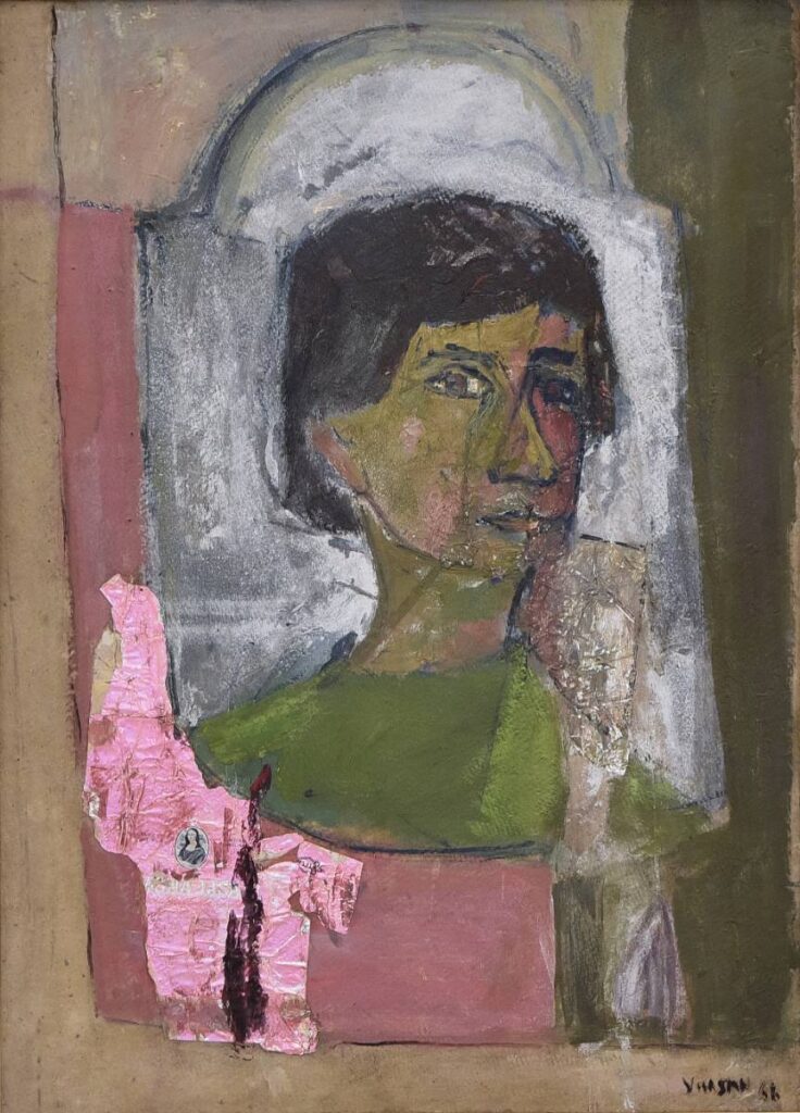 Portrait in the mirror (self portrait) mixed media on cardboard, collage _ 67 x 48, 5 cm _ 1968_