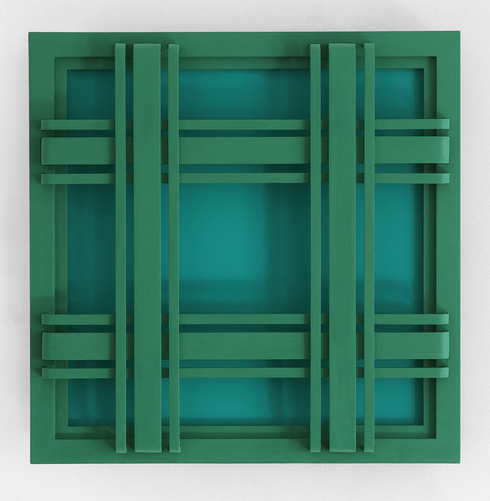 Green Striped Window, 2021, wood, acrylic, plexiglass, 50 x 50 x 7,5 cm