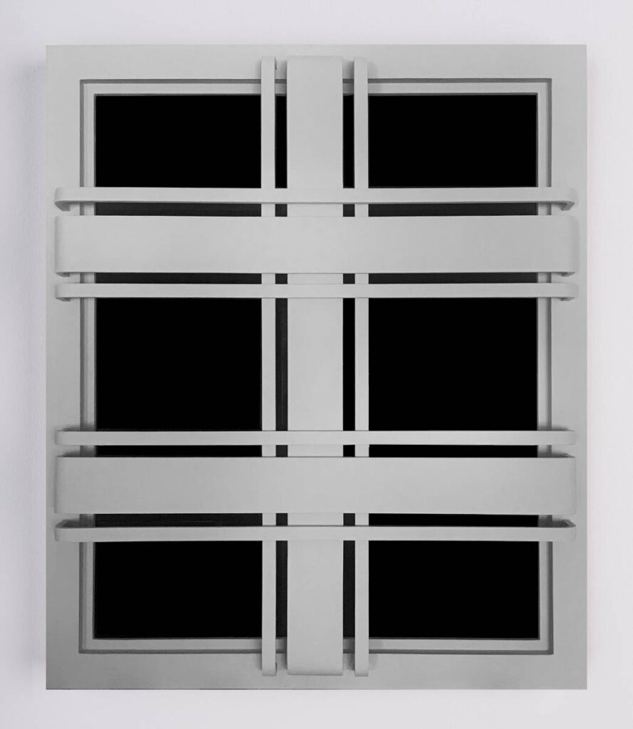 Grey Striped Window 2020 wood, acrylic, plexiglass 56 x 47 x 8 cm