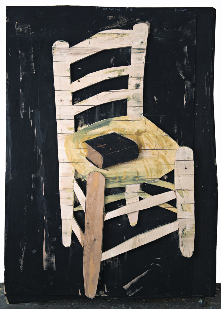 Vincent_s Chair with the Bible, 2018, painted wood, 200 x 137 x 21 cm